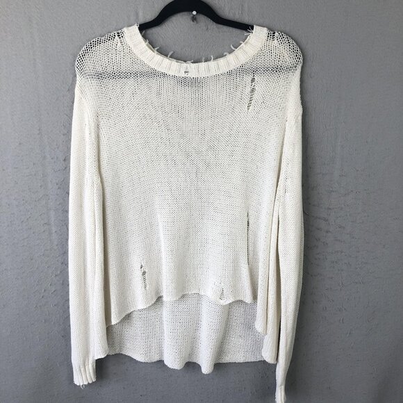 Wooden Ships Sweater Womens M/L White Distressed Open Knit Hi-Low Pullover Boho - Picture 1 of 15